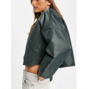 TOPSHOP Olive Green Cropped Bomber Jacket Womens Size XS Nordstrom Streetwear